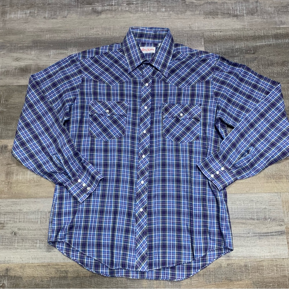 Jordan Christopher Mens Medium Vintage Blue Plaid Pearl Snap Western Shirt